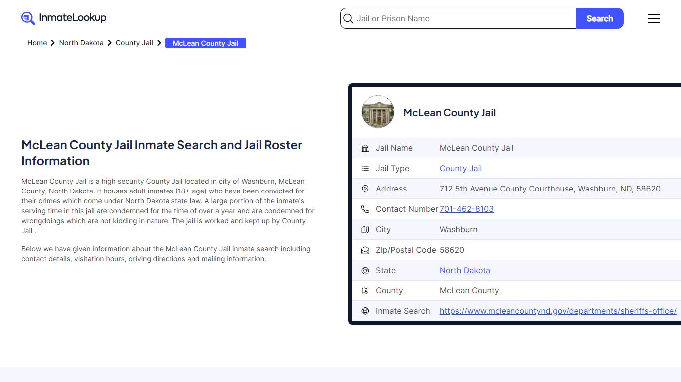 McLean County Jail Inmate Search - Washburn North Dakota - Inmate Lookup